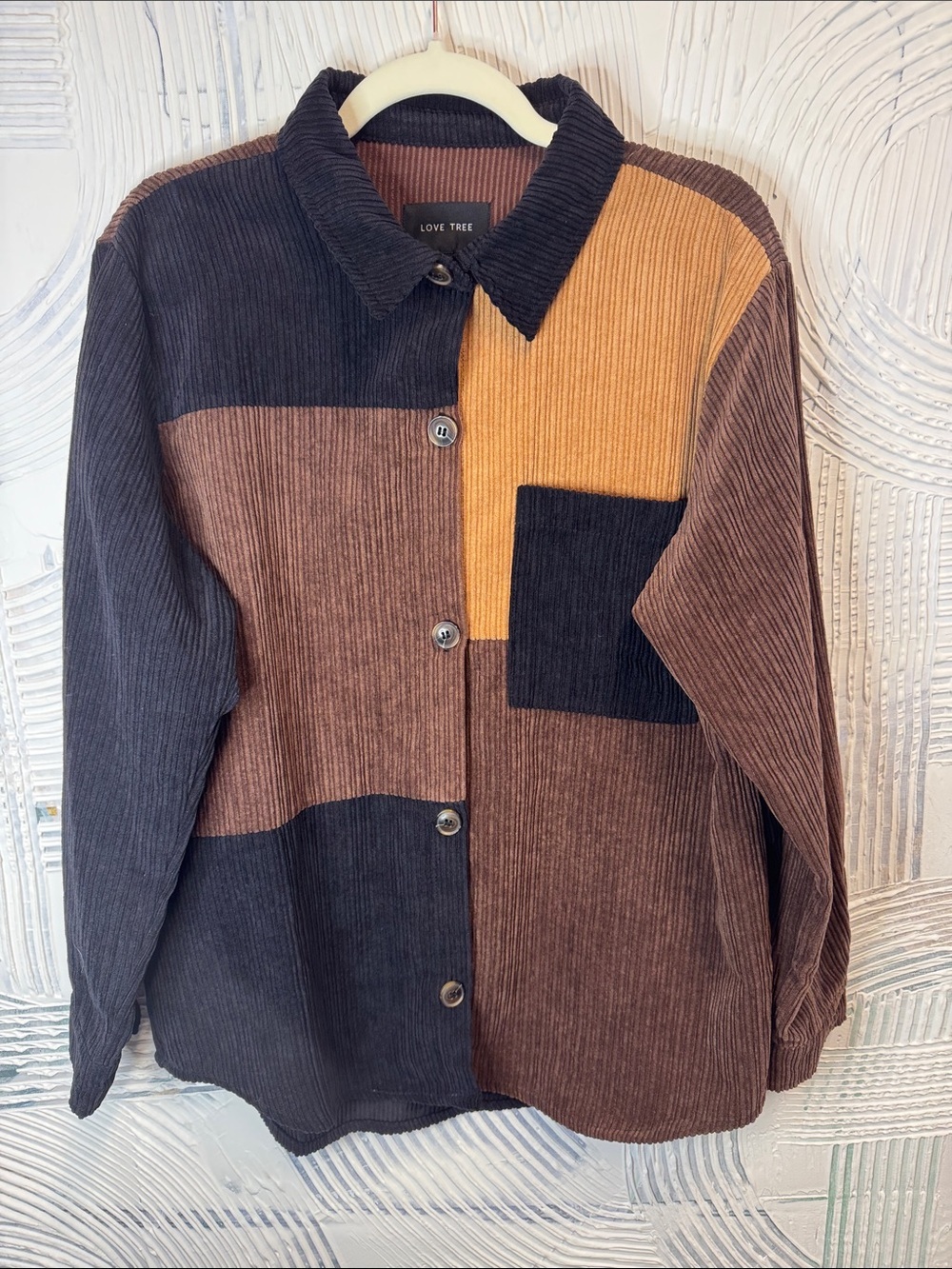 Love Tree Colorblock Corduroy Jacket - Black, Brown, Patchwork style Size L